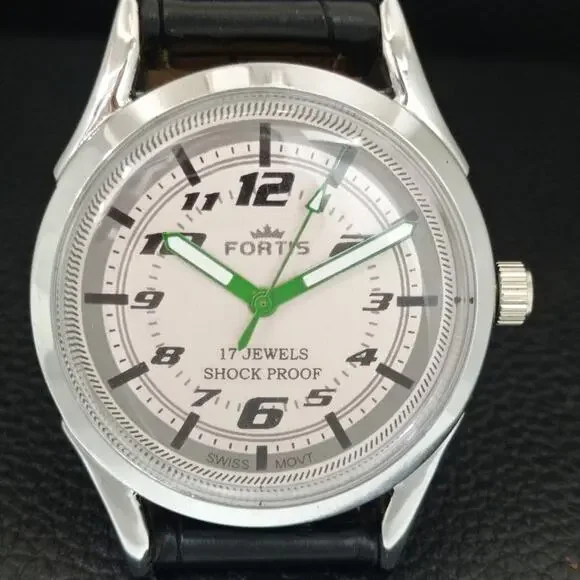 Vintage 1975 Fortis Manual Mens Silver Watch W/Leather Strap & Green accents - Picture 4 of 9